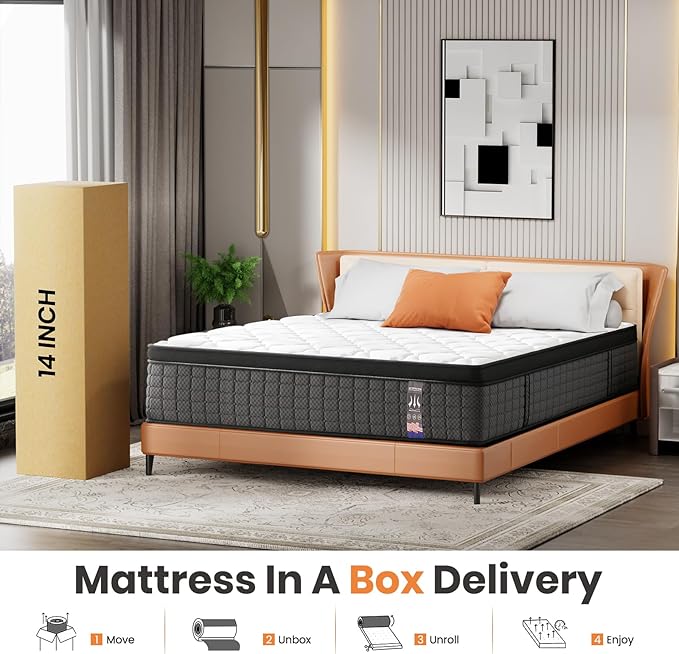 Full Mattress Mattress 14" Hybrid Mattress - Medium-Firm Support- Made in USA - Individually Pocketed Coils & CertiPUR-US Foam - Fiberglass-Free - Bed in a Box