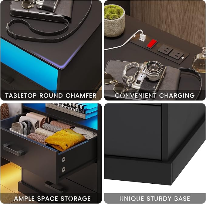 Hasuit Nightstands Set of 2 with Charging Station and LED Lights, Large Bedside Table with 3 Storage Drawer, Black Night Stand for Bedroom, Wider Tabletop 19.0''(L) x 15.0''(W) - Image 7