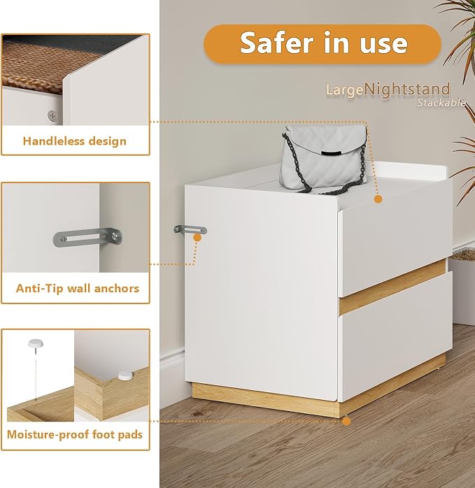 Large Modern Nightstand White Bedside Table, 2 Drawer Dresser Wood Stackable Storage Drawers for Clothes for Closet, Bedroom, 24"x16"x20" - Image 8