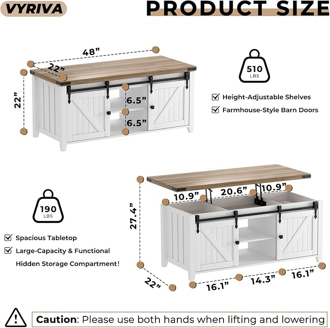 48" Farmhouse Lift Top Coffee Table with Storage, Sliding Barn Door, Large Hidden Compartment, Wooden Lifting Tabletop with Adjustable Shelf for Living Room, Office (White)