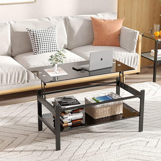 Meihua Lift Top Glass Coffee Table with Storage Compartment and Separated Open Shelves, Lift Tabletop for Living Room Home, Office, Black