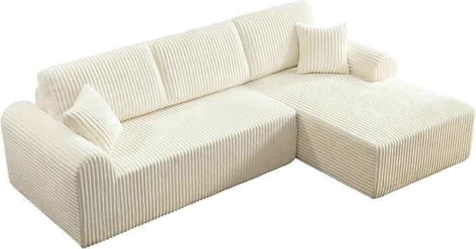 109-Inch L-Shaped Right Facing Boneless Corner Sofa 2 PCS Modular Sectional Cloud Sofa Couch with Chaise Lounge and Toss Pillow, Corduroy Boneless L-Shaped Couches