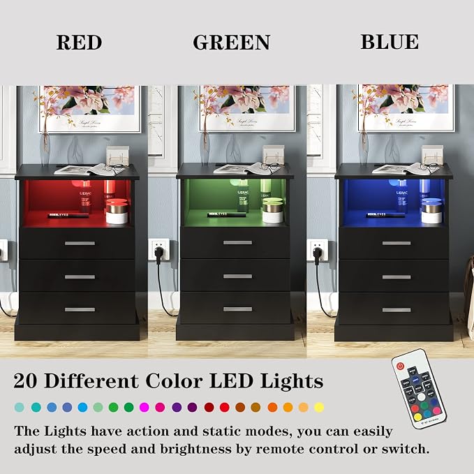 Halitaa Black LED Nightstand with Charging Station, Side Table with 3 Drawers and Light, End Table with Open Storage, Beside Cabinet for Bedroom (Black) - Image 9