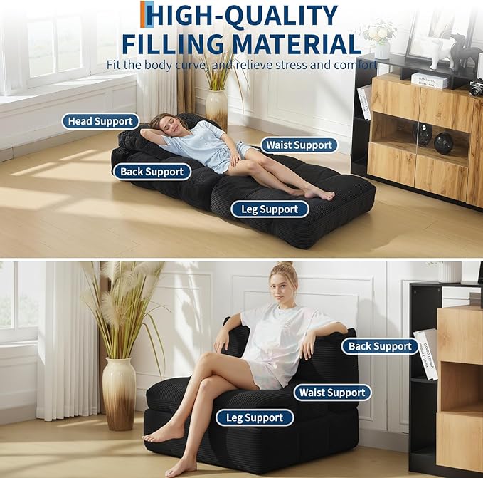 Folding Sofa Bed, Convertible Sleeper Chair with Pillow Foldable Matress with Back Support, Portable Fold Out Chair Bed Comfy Floor Sofa Lounge for Living Room Bedroom, Black, Single