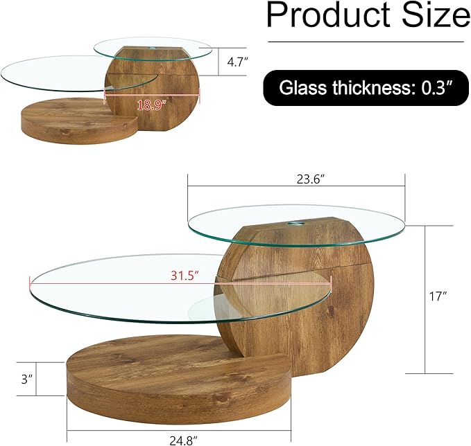 Modern Glass Coffee Table,Small Round Coffee Tables, 42" 3-Tier Circle Wood Coffee Table for Living Room Rustic Circle Center Cocktail Table with Tempered Glass, Unique Accent Table for Small Spaces