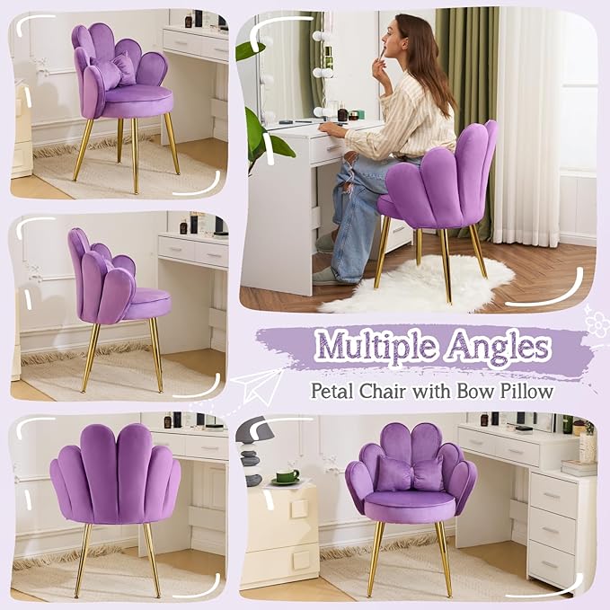 VINGLI Petal Makeup Vanity Chair with Back,Flower Cute Girls Desk Chair Comfy No Wheels,Modern Dining Chair,Small Accent Chair with Adustable Gold Legs&Bow Pillow for Home Office,Bedroom,Velvet,Purple