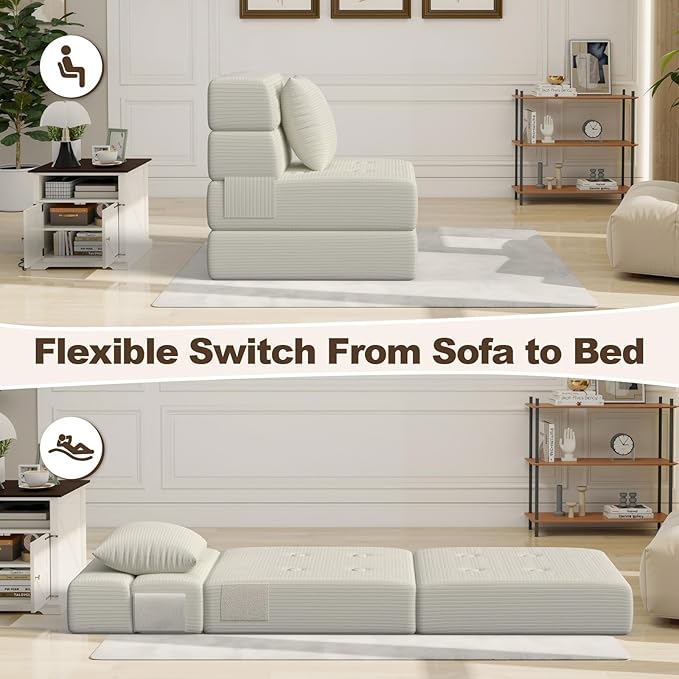 Folding Sofa Bed, Convertible Sleeper Chair & Couch Bed with Pillow, One-Piece High-Density Sponge Mattress, Multi-Purpose Corduroy Floor Sofa for Living Room, Office, Apartment, Beige, Single