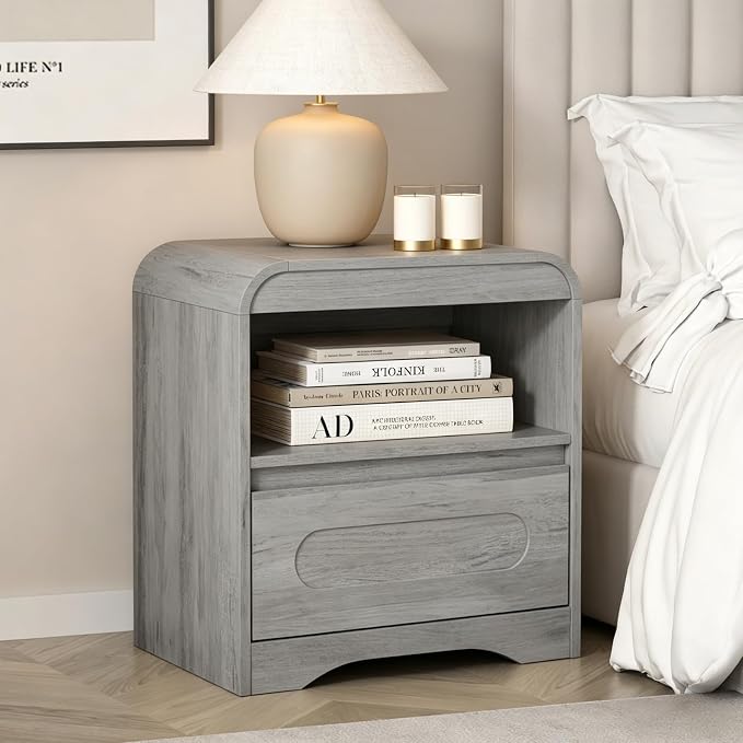 Night Stand with Drawers, Wood Nightstand, Bedside Side Table with Open Storage, Curved Corners, Hidden Handle, Modern Night Stands End Table for Bedroom Sofa Couch Office (Grey) by SOLACEFURNITURE