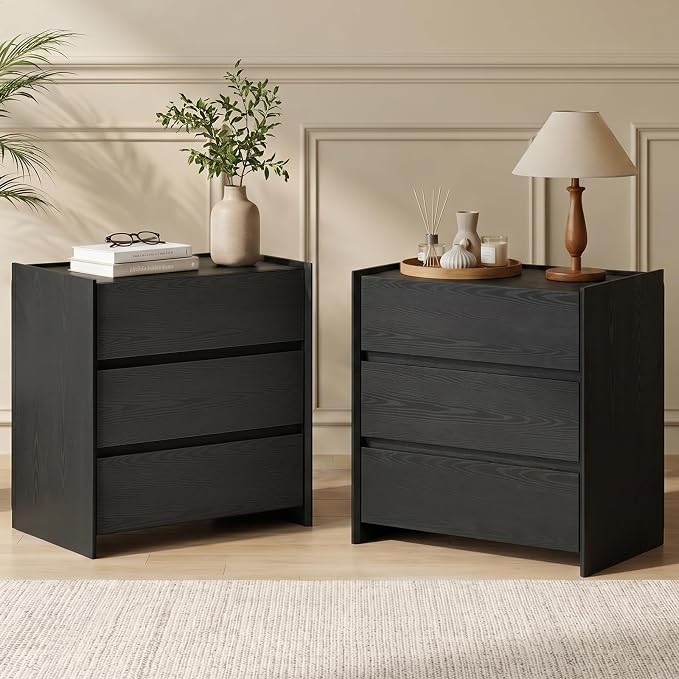 Nightstand Set of 2 with 3 Drawers, Modern with Spacious Storage Cabinet, Night Stand for Bedroom, 23.6" W x 15.6" D x 25.2" H,Black by PlamleWhereNatureWhispers