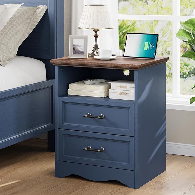 Bedroom Set, 4 Pieces Bedroom Furniture Set, 47" W 7 Drawer Dresser, 44" H 6 Drawer Dresser and Nightstands with Charging Station, Farmhouse Storage Organizer Cabinet for Bedroom, Blue