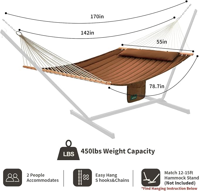 Double Quilted Fabric Hammock with Hardwood Spreader Bars and Pillow 450 LBS Capacity 2 Person Large Hammock for Outdoor Patio Backyard Poolside - Brown - Image 6