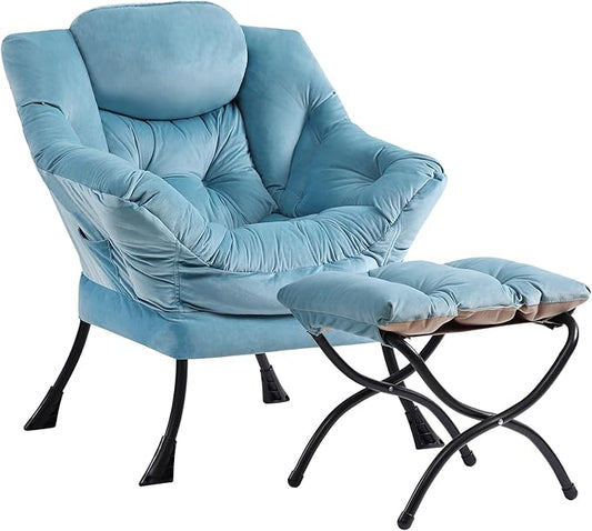 Cozy Lazy Chair and Ottoman, Large Contemporary Velvet Blue Accent Chair Set, Modern Leisure Upholstered Reading Armchair for Office, Bedroom, Living Room, Dorm Rooms, Balcony