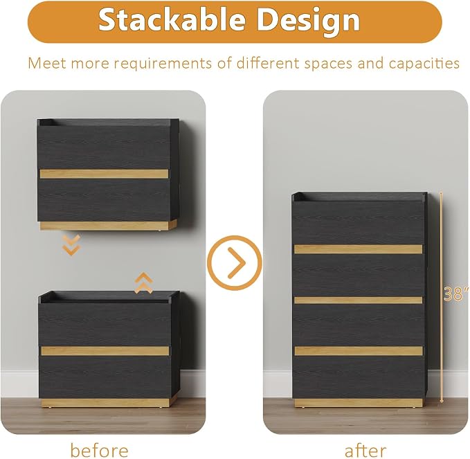 Large Modern Nightstand Black Bedside Table, 2 Drawer Dresser Wood Stackable Storage Drawers for Clothes for Closet, Bedroom, 24"x16"x20" - Image 3