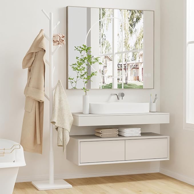 Coat Rack Freestanding with Stable Square Base for Cloathes, Hat, Used in Bedroom, Office and Entryway, Sturdy and Easy Assembly Coat Tree with 3 Adjustable Sizes and 8 Hooks, White - Image 3