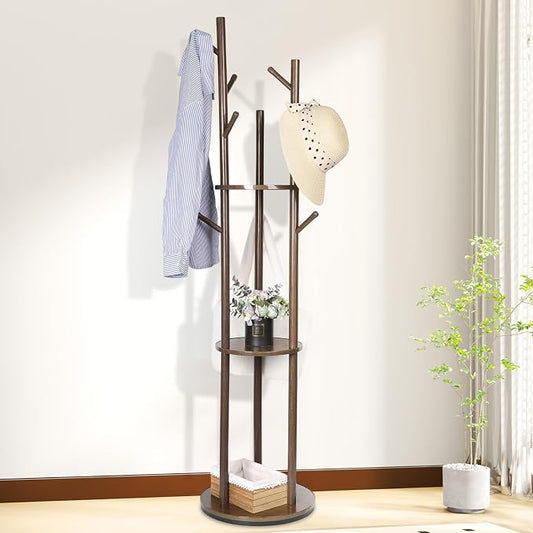 Wood Coat Rack with 3 Shelves and 9 Hooks, Freestanding Heavy Duty Rotary Coat Tree for Entryway, Bedroom, Living Room, Hallway – Holds Jackets, Coats, Hats, Bags (Walnut) by Fengzhizhu