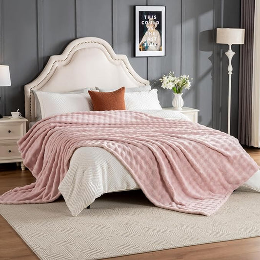 Faux Fur Bed Blankets Queen Size Pink, Soft Fluffy Bubble Blanket for Couch Sofa, Thick Warm Plush Fuzzy Rabbit Fur Large Blanket for All Season Use, 90"X 90"