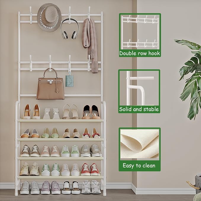 Coat Rack Shoe Rack With Storage Shelf Freestanding with 8 Hooks for Entryway Bedroom Closet (White, 4Tiers) - Image 4
