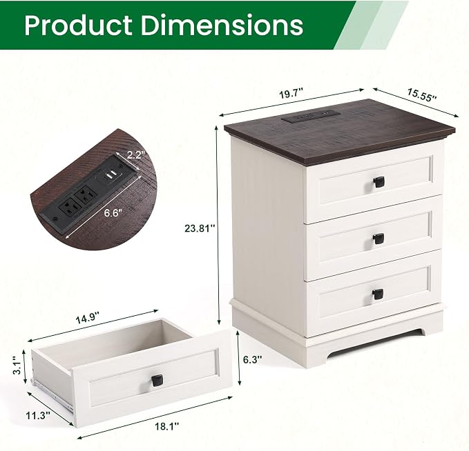 20-Inch Wide Modern Nightstand with Charging Station, End Table with 3 Large Drawers, Simple Design Bedside Table for Bedroom and Office,White(Single Piece) - Image 2