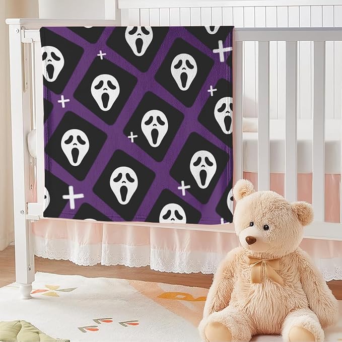 Halloween Spooky Face Blanket, Purple and Black, Soft Ghost Throw for Travel, Office, Home (40" x 30")