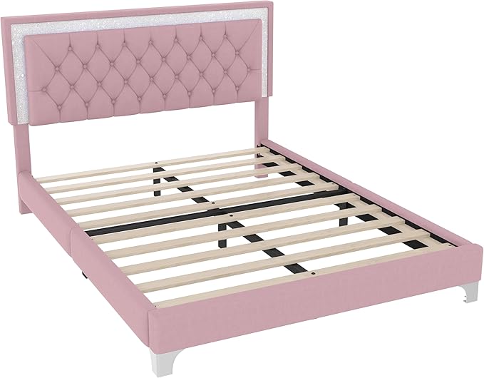 Harper & Bright Designs 3-Piece Queen Bedroom Set, Upholstered Platform Bed with LED Lights and 2 Nightstands, Modern Pink Bedroom Furniture