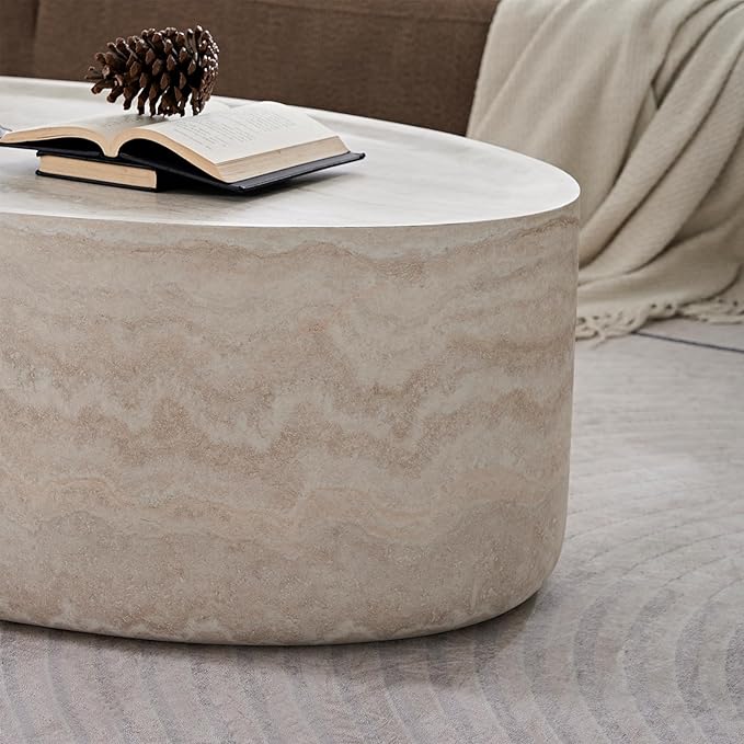 43.7” Oval Coffee Table, Modern Fiberglass Center Table, Faux Marble Accent Coffee Table for Living Room, Office, Apartment, Patio, No Assembly.(Mars,ø43.7 x 24.8“ x 13.77")