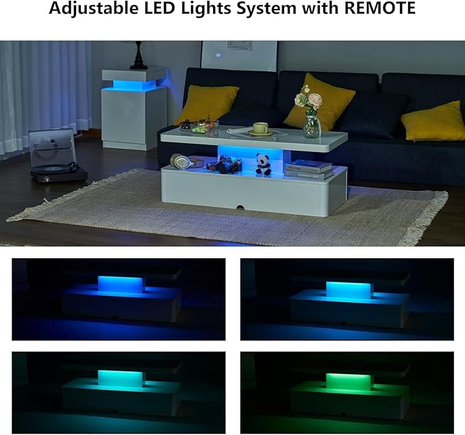 40" Modern Smart LED Coffee Table with Remote Control, 2-Tier Rectangle Center Table for Living Room - Large Storage, High Glossy Surface, RGB Color Changing Lights, White