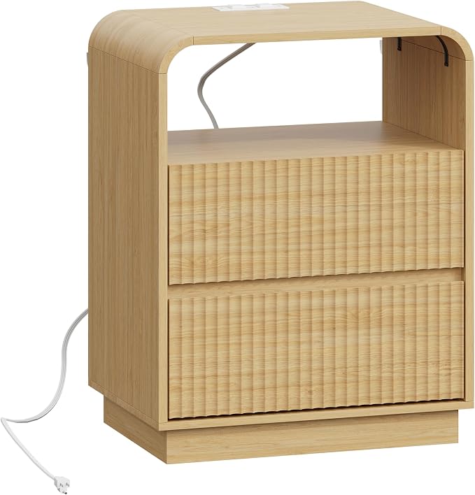 Wodeer Natural Oak Nightstand with Charging Station, Mid Century Modern Bedside Table & End Table, Fluted Wood Small Night Stand with 2 Hidden Drawers and Storage Shelf for Bedroom - Image 8