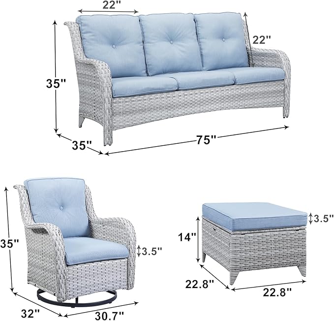 Rilyson Patio Furniture Swivel Chairs Set - 5 Piece Wicker Rattan Outdoor Sectional Conversation Sets with 2 Rocking Swivel Chairs,2 Ottomans and 1 Sofa for Porch Deck Garden(Light Grey/Sky Blue)