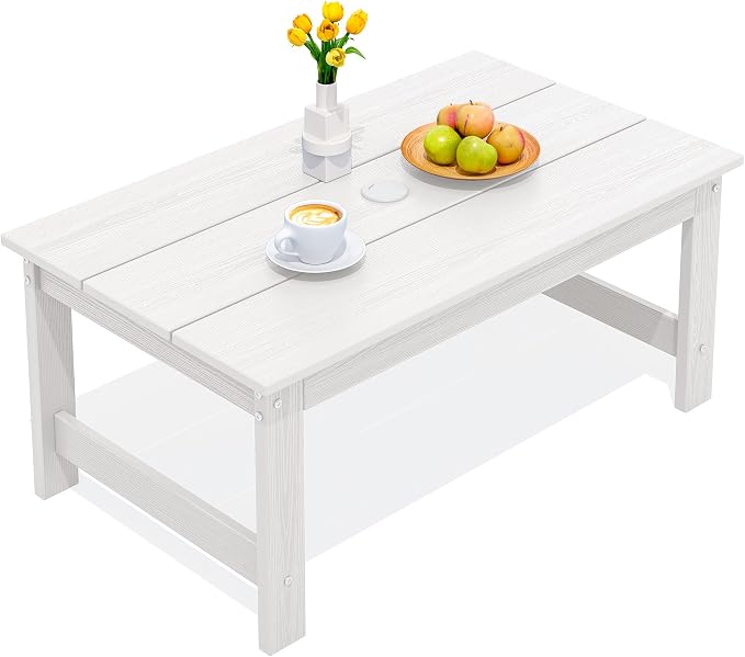 SERWALL HDPE Patio Coffee Table, Rectangle Outdoor Coffee Table, All-Weather Coffee Side Table for Balcony, Poolside, Deck, Garden, White by SERWALL