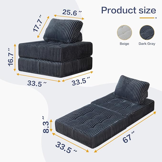Convertible Floor Chair Bed, Foldable Foam Sofa Mattress with Support Pillow, Lightweight Single Fold Out Sleeper for Apartments, Dorms (Beige, Corduroy)