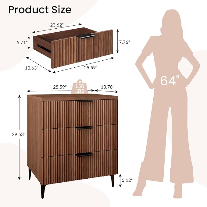 25.6"W Fluted Nightstand with 3 Drawer, Mid-century Modern Wood Night Stands Bedside Table for Bedroom King/Queen Bed, End Table with Robot-friendly Legs for Living Room,Entry (3 Drawers-1pcs-Walnut) - Image 2