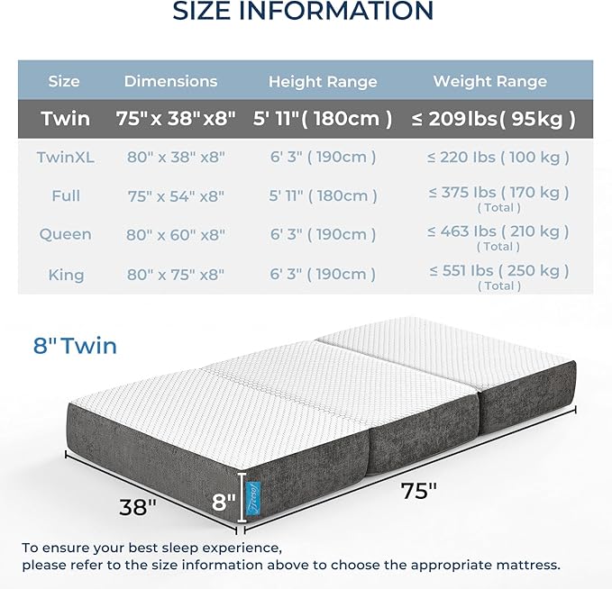 Odorless Foldable Mattress Twin Size 75" x 38" x 8", 8 Inch Medium Firm Folding Foam Mattress with Storage Bag, Fiberglass Free Trifold Memory Foam Mattress for RV, Guest Bed