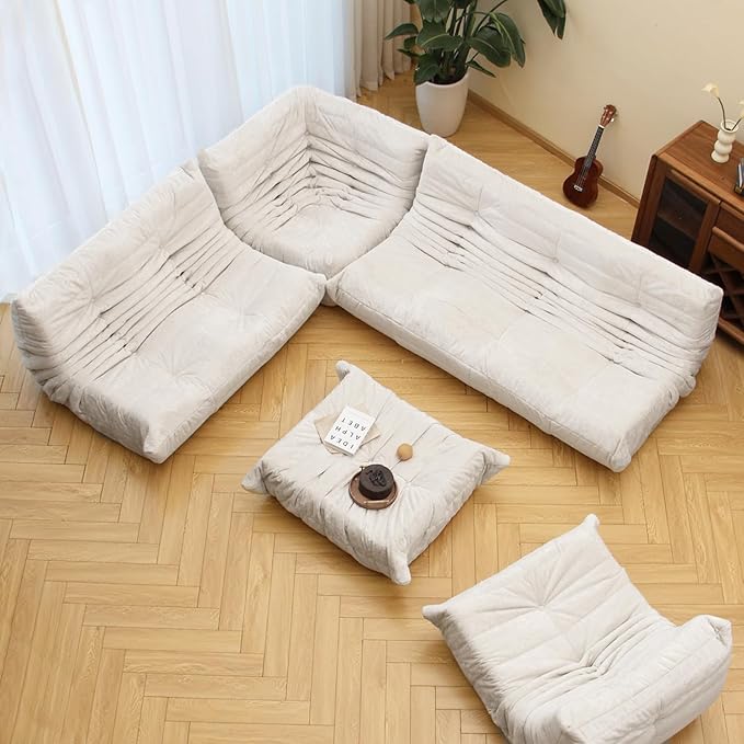 N&V Fireside Chair, Mid Century Armless Floor Sofa, Soft Premium Chenille Floor Lounge Chair, Foam Sofa Accent Chair for Living Room Bedroom and Office (White, Three Seater)