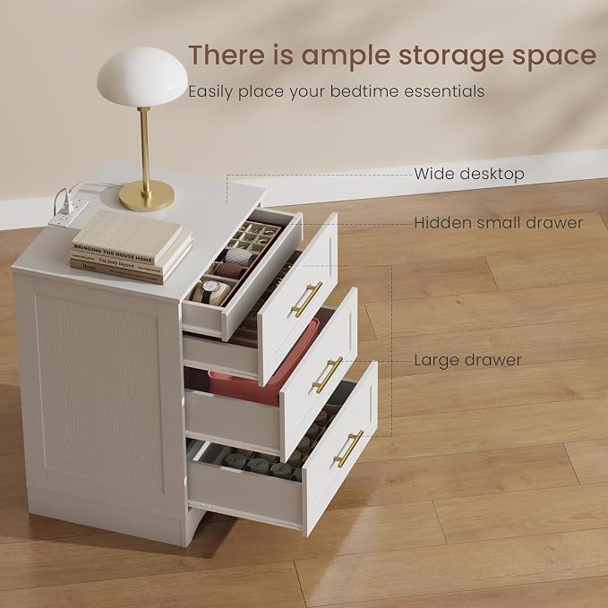 Modern Luxury Nightstand with Charging Station and Hidden Drawer, Bedside Table with 4 Drawers, 26" H Night Stand for Bedroom, Home Office, White - Image 8