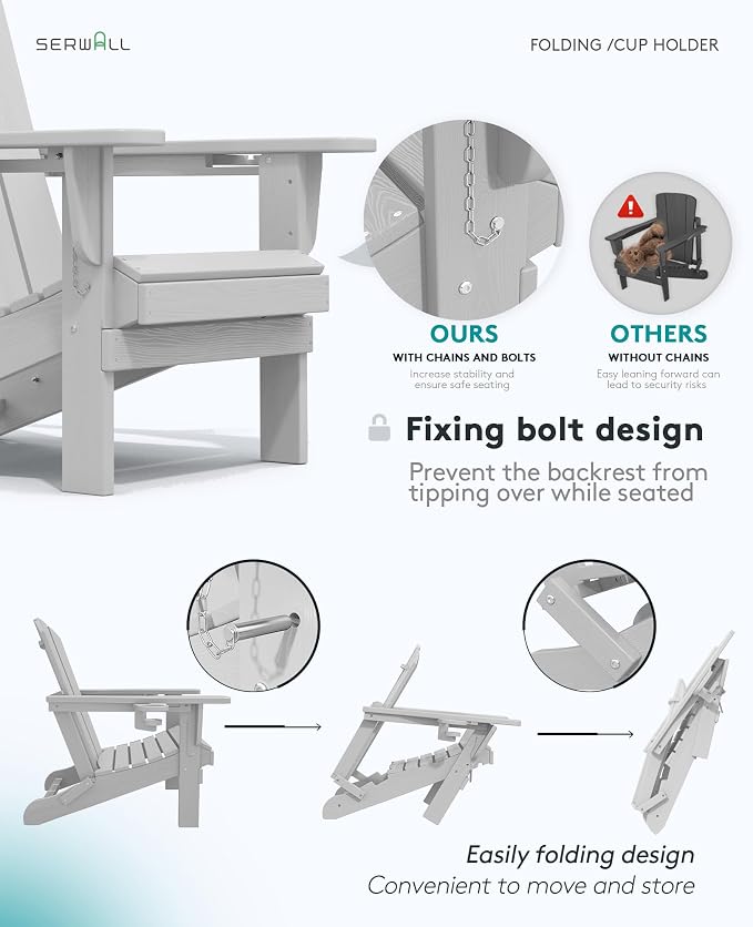 SERWALL Adirondack Chair with Cup Holders - Composite Adirondack Chairs HDPE Outdoor Chairs All Weather Use- Silver Gray - Image 6