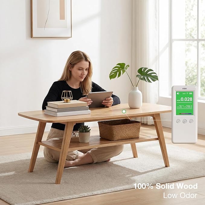 Mid Century Modern Coffee Table: 100% Solid Wood Coffee Table - 2-Tier Storage Design - Practical Coffee Tables for Living Room, Apartment, Easy Assembly (Natural, 47.24")