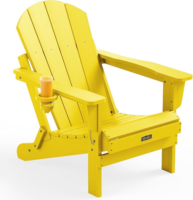 SERWALL Folding Adirondack Chair Outdoor Adirondack Chairs with Cup Holder, Weather Resistant Fire Pit Chairs for Patio - Yellow by SERWALL