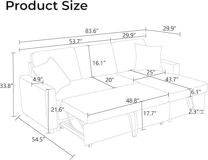 83 Inch Pull Out Couch, Convertible Sofa Bed for Living Room, Comfortable Sleeper Sofa with Pull Out Bed, Modern Sectional Couches with Storage Chaise, Easy Assembly for Apartment, Dark Grey