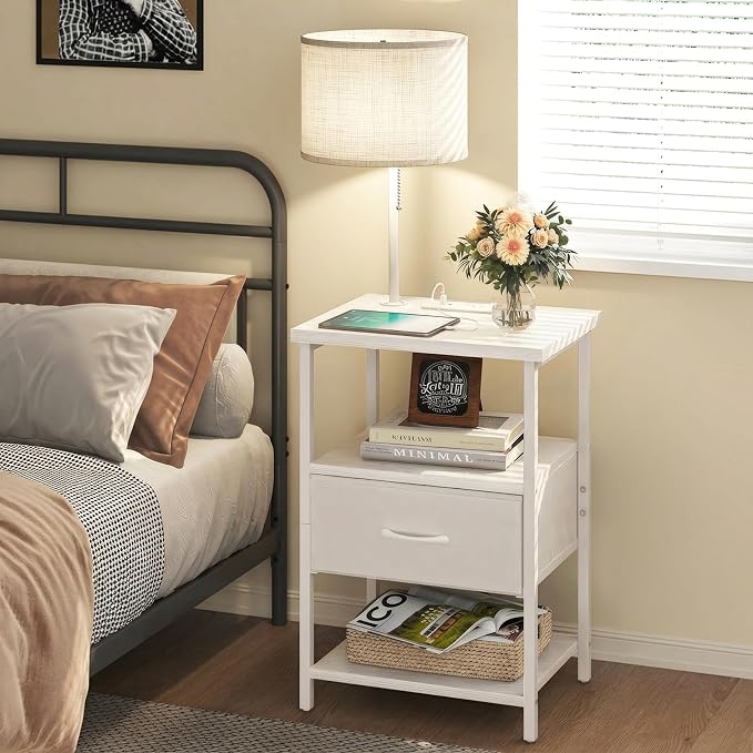 Fixwal Bedside Table with 3 Color Temperatures Bulb Attached, Nightstand with Charging Station and Lights, End Table with Fabric Drawer for Bedroom & Dorm (White) - Image 7