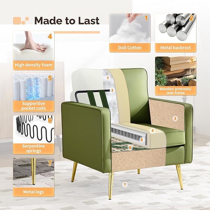 VINGLI Modern PU Leather Accent Chair, Single Sofa Chair with Pocket Coil Seat, Metal Backrest & Solid Wood Frame, Upholstered Armchair for Living Room, Bedroom or Office