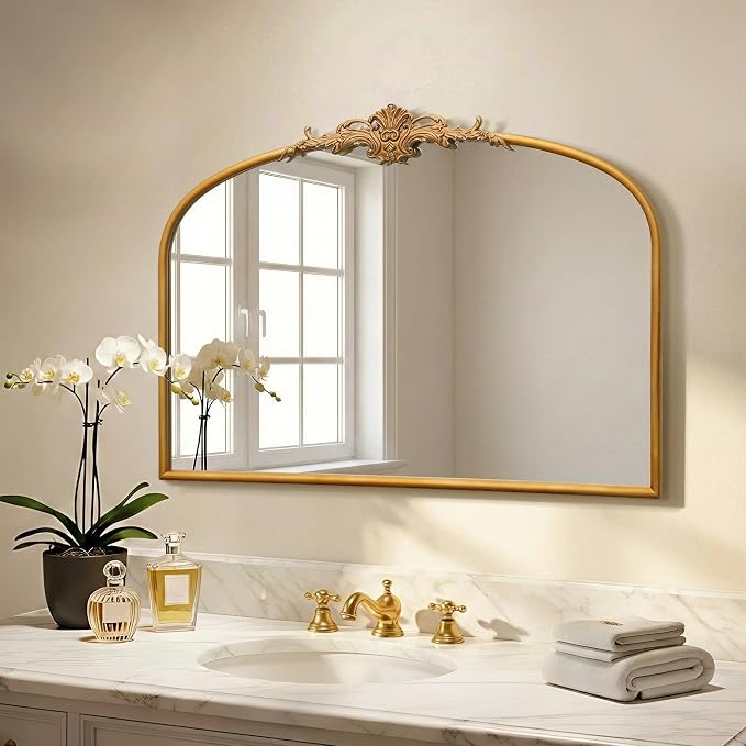 Besdomus Antique Arched Gold Mirror: 32"x24" French Large Gleaming Gold Antique Wall Mounted Mirror - Baroque Traditional Ornate for Fireplace/Bathroom/Bedroom - Wall Decor for Homemakers by Besdomus