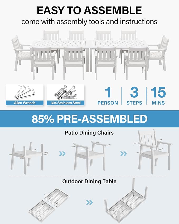 YEFU Outdoor Patio Dining Sets: All Weather 12 Piece Dining Table Set for 10 with Umbrella Hole & Aluminum Frame - Outdoor Furniture 2 Table and 10 Chairs for Outside Backyard/Porch/Deck White - Image 2