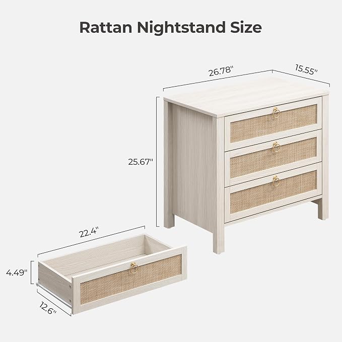 SICOTAS Nightstand Set of 2 with Drawers, Rattan Nightstands, Large Modern Boho Night Stand Wide Bedside Tables for Bedroom - Image 2