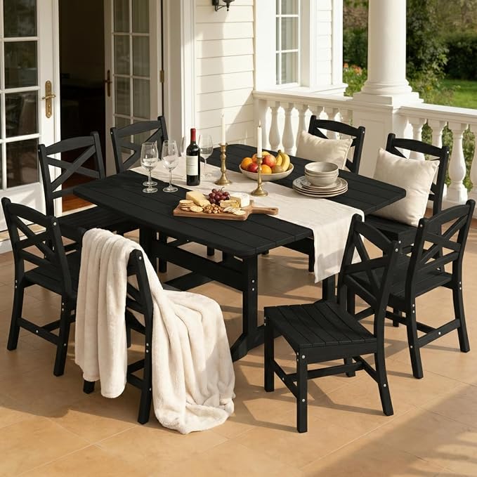 Outdoor Dining Set, HDPE 9-Piece Patio Table and Chairs Set, All-Weather Outdoor Dining Table Set for 8 with Umbrella Hole, Durable Patio Furniture Set with Chairs,Black - Image 6