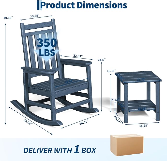 Garvee HDPE Rocking Chair Outdoor Set of 2 with Side Table - Poly High Back Porch Rocker Chairs for Adults - All Weather Resistant Furniture for Patio Front Porch - Navy Blue - Image 2