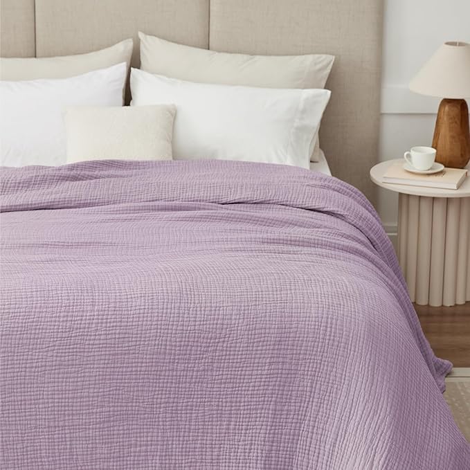 100% Cotton Muslin Blanket Queen 90" x 90", 6 Layers Breathable and Lightweight Cotton Throw Blanket for Bed, Soft Quilt Bedspread Coverlet, Gauze Blanket for Adults All Season, Lavender