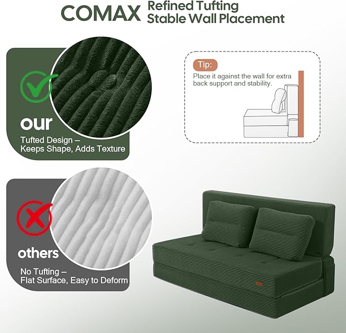 COMAX Folding Sofa Bed, Foldable Couch for Bedroom, Convertible Floor Sleeper Futon Chair Foam, Corduroy 3 in 1 Fold Out Chair Portable Comfy Lounge Couch Sofa Bed for Small Space, Full, Green