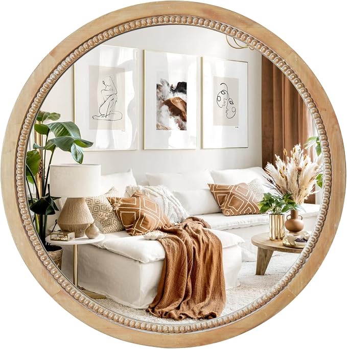 sawsile Round Wood Mirror,28 inch Circle Rustic Farmhouse Natural Wooden Frame Boho Beads Wall Mirror for Bathroom,Living Room,Bedroom or Entryway by sawsile