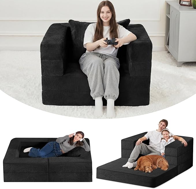 Futon Sofa Bed with Pillow, 3-in-1 Sleeper Sofa Bed with Removable Cover, Convertible Floor Sofa Bed, No Assembly Boneless Couch for Living Room, Bedroom
