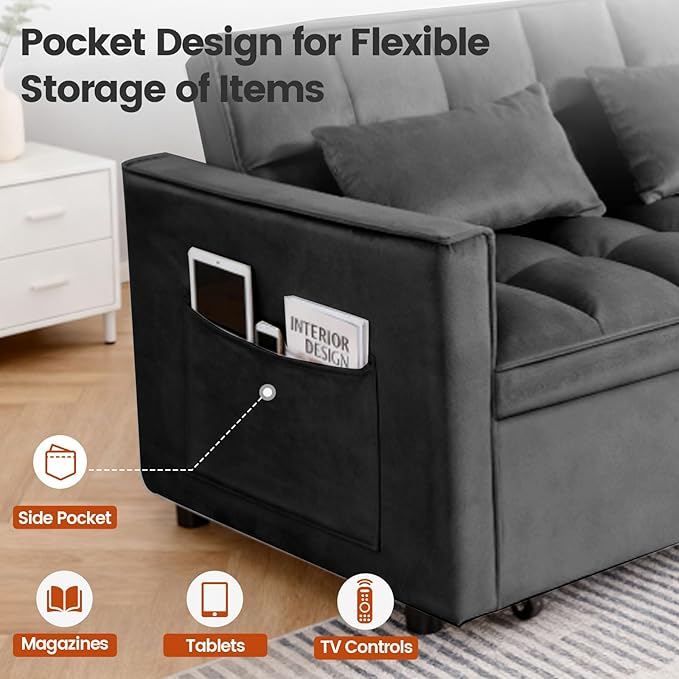 3 in 1 Convertible Sofa Bed, Love Seat Sleeper Bed with Side Pockets, Velvet Fabric Pull Out Couch with Adjustable Backrest for Living Room, Bedroom, Apartment, Black